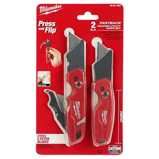 Milwaukee - 48-22-1503 FASTBACK Folding Utility Knife and Compact Folding Utility Knife with Blade Storage and Gut Hook (2-Piece)