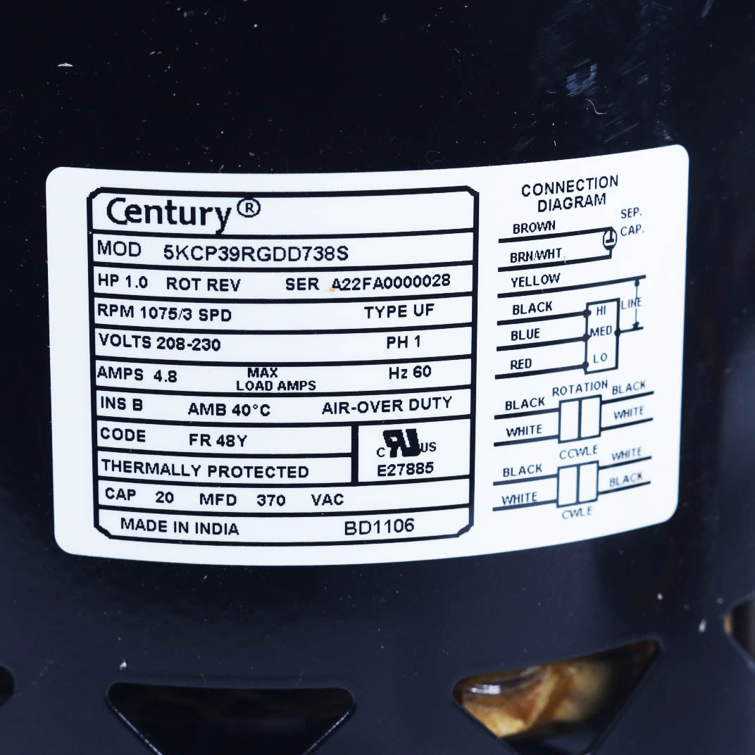 Century - BD1106 - 5-5/8" High Efficiency Stock Motor (208-230V, 1075 RPM, 1 HP)