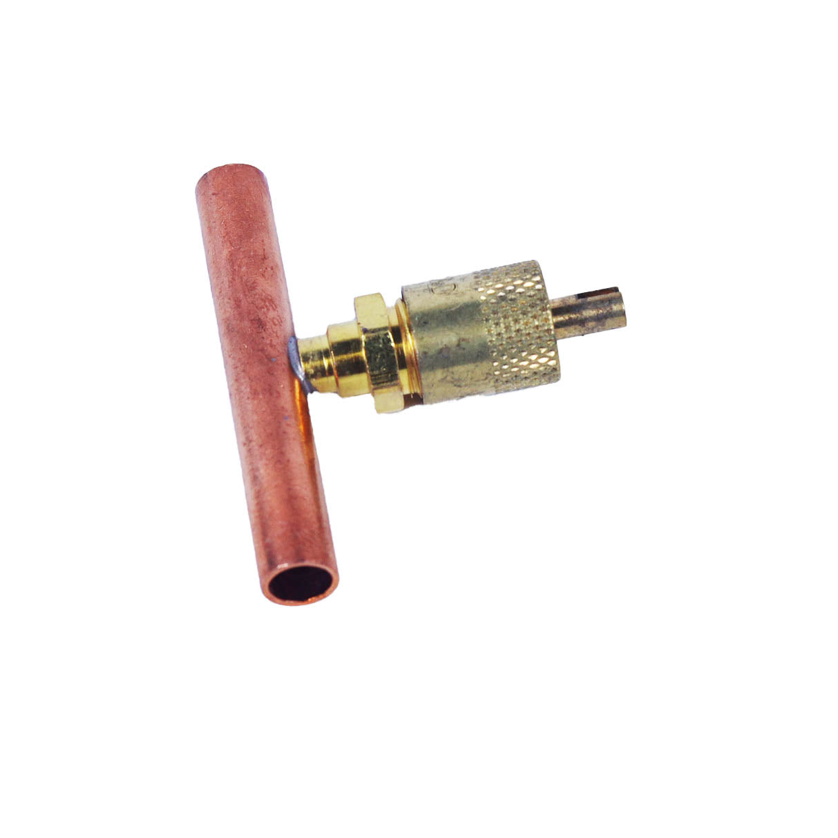 CD5421 -1/4" Flare Copper Access Tee w/ 5/16" OD x 2" Copper Tube, w/ 1/4" Flare Brass Wrench Cap & Valve Core (