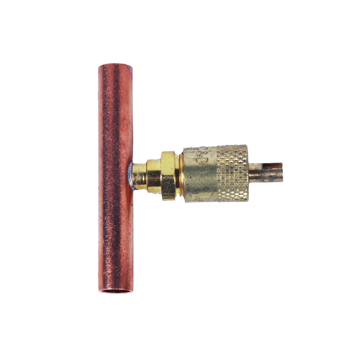 CD5421 -1/4" Flare Copper Access Tee w/ 5/16" OD x 2" Copper Tube, w/ 1/4" Flare Brass Wrench Cap & Valve Core (