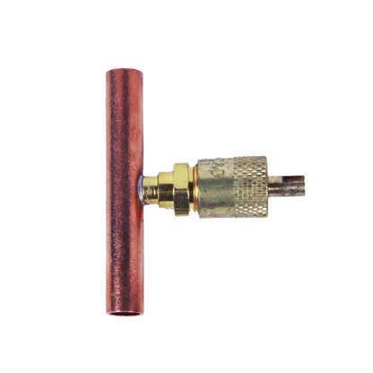 CD5421 -1/4" Flare Copper Access Tee w/ 5/16" OD x 2" Copper Tube, w/ 1/4" Flare Brass Wrench Cap & Valve Core (