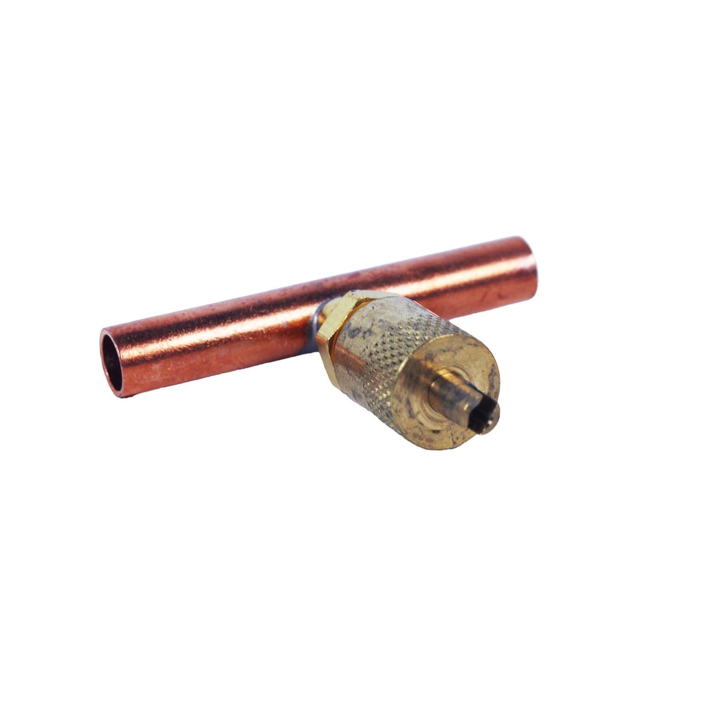 CD5421 -1/4" Flare Copper Access Tee w/ 5/16" OD x 2" Copper Tube, w/ 1/4" Flare Brass Wrench Cap & Valve Core (