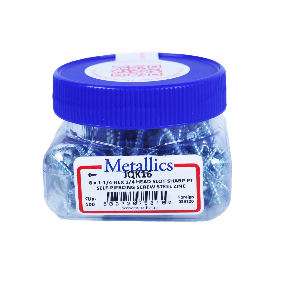 Metallics JQK16 8 X 1-1/4" (1/4" Head) Indented Hex Washer Slot #8 Duct W/Double Lead Thread Zinc