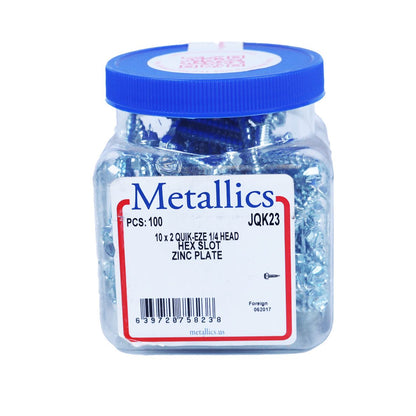 Metallics JQK17 8 X 1-1/2" (1/4" Head) Indented Hex Washer Slot #8 Duct W/Double Lead Thread Zinc