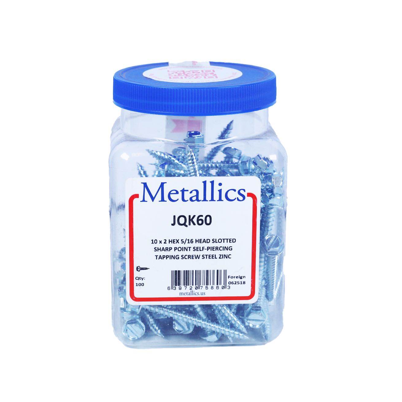 JQK60 - Metallics 10 X 2 5/16 Head Indented Hex Washer Slotted Quik-Eze Duct Zinc-100 Per Jar