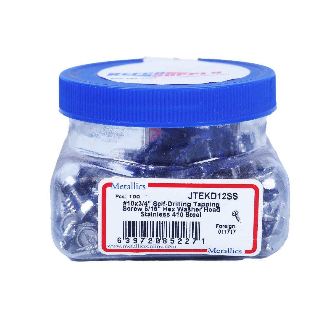 JTEKD12SS - Metallics JTEKD12SS 10 X 3/4" (5/16" Head) Indented Hex Washer Head Self Drilling & Tapping Screw No. 3 Point 410 Stainless Steel