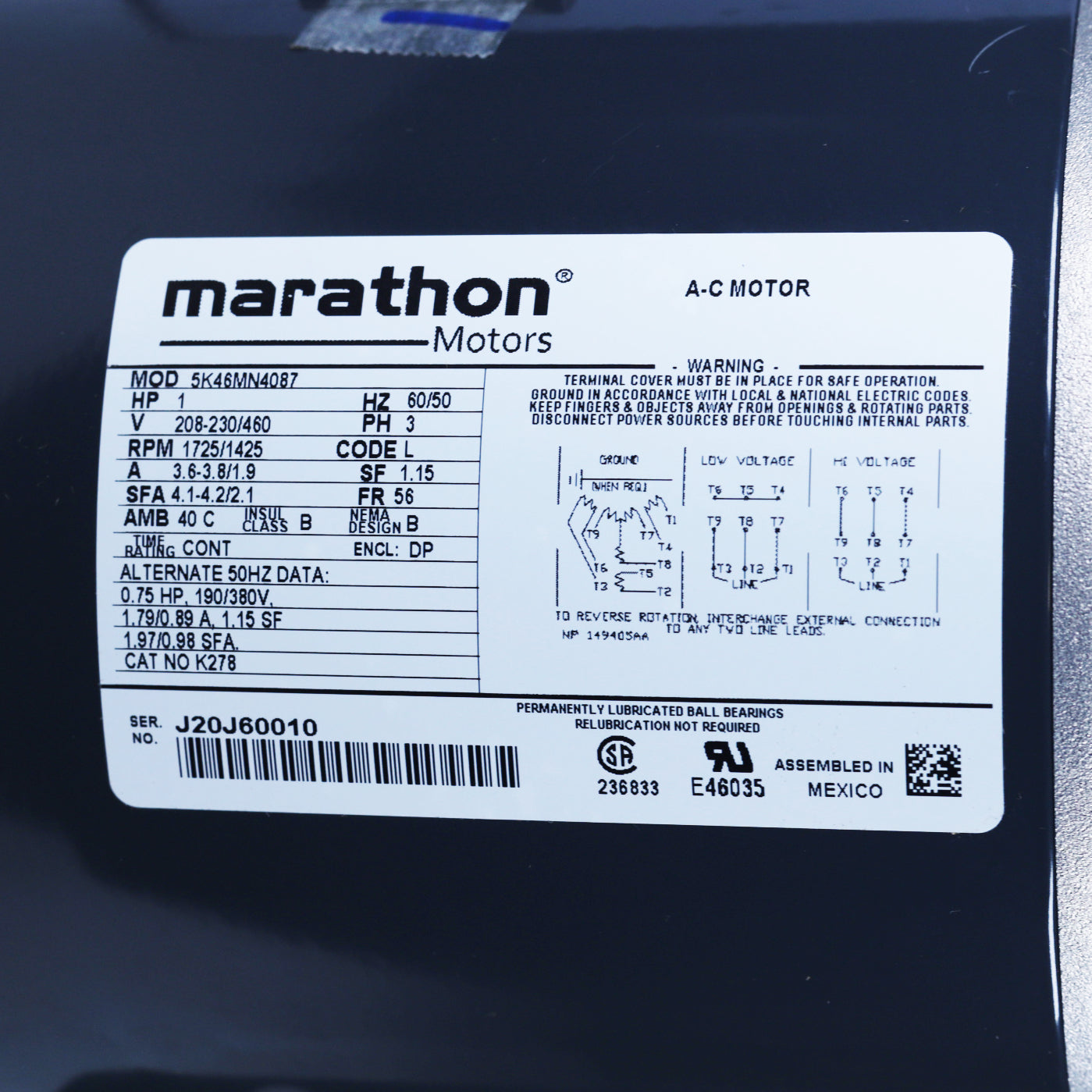 Marathon Motors - MK46MN4087 - Condenser Fan Motor, 1 HP, 56 Frame