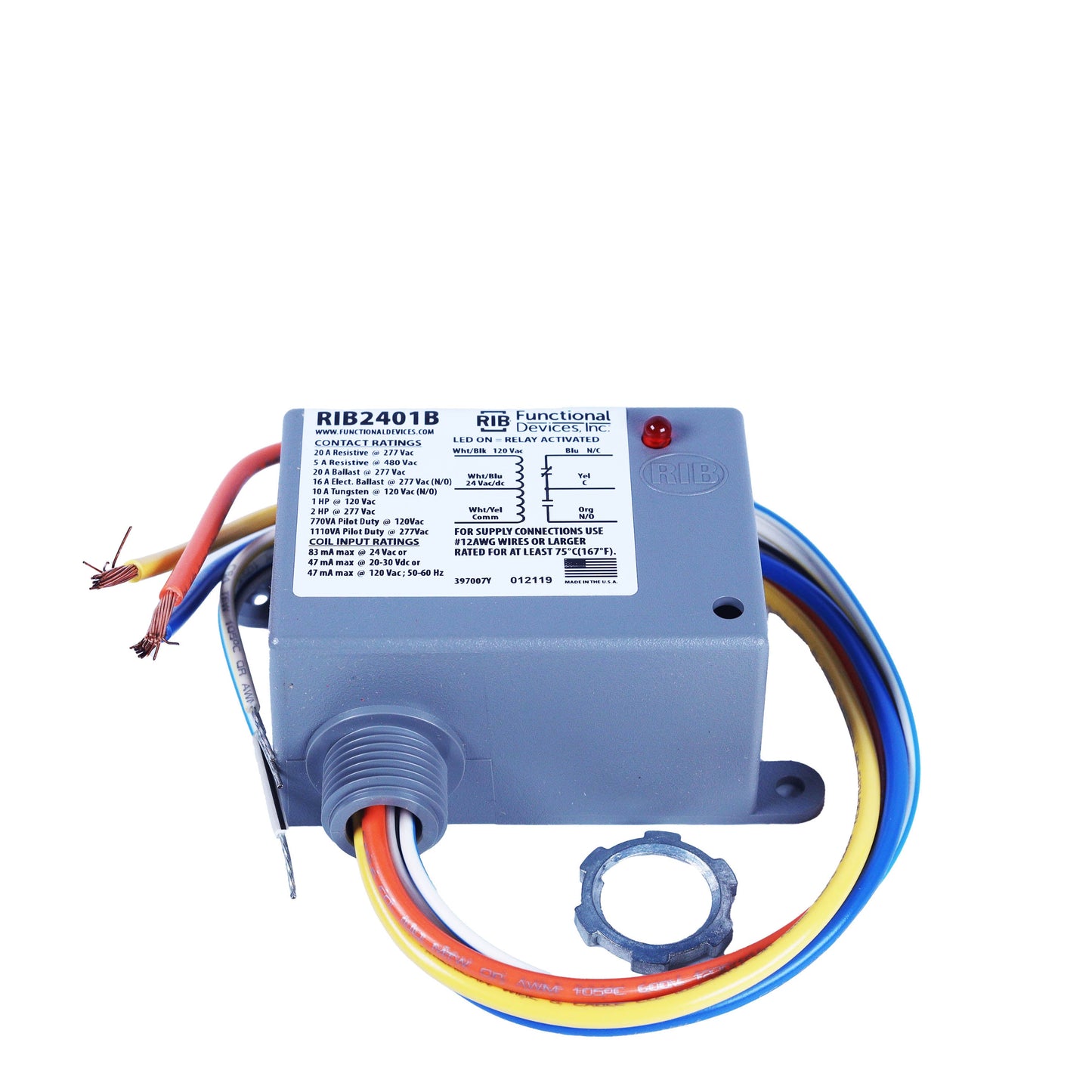 RIB2401B  Enclosed Relay 20 Amp SPDT with 24 VAC/DC/120 VAC Coil , Functional Devices