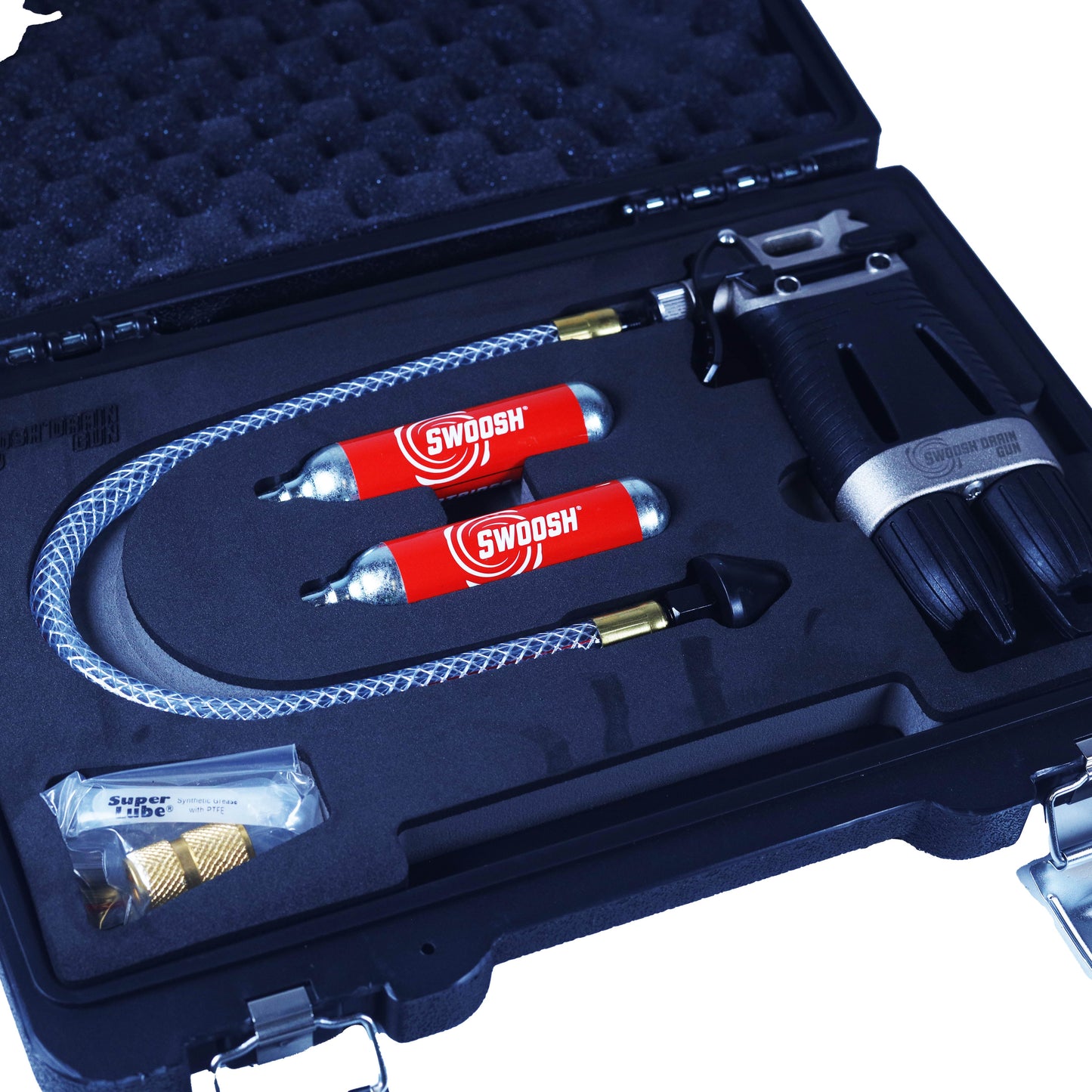 SG-2KIT - SWOOSH 40G Drain Gun Double Shot Kit w/ Drain Gun, 2-20g Cartridges, Vinyl Hose & Drain Line Adapter
